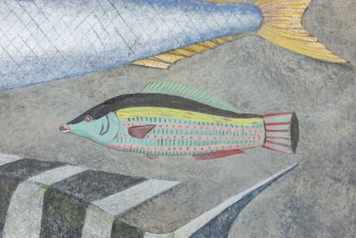 Toile peinte représentant une planche de poissons. Travail contemporain. LS6026911A