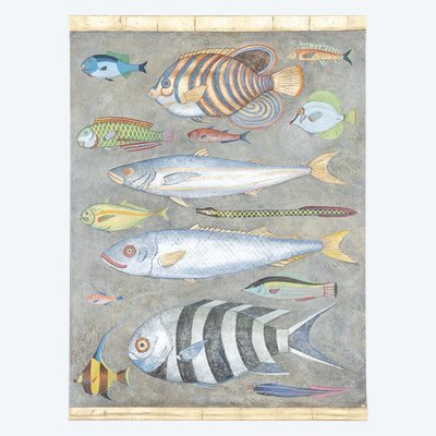 Toile peinte représentant une planche de poissons. Travail contemporain. LS6026911A