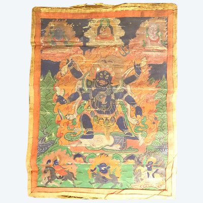 Pittura buddista tibetana Thangka Mahakala 6 braccia Dharmapala Tibet XVIII secolo