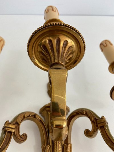 Coppia di applique a 3 bracci in bronzo stile Luigi XVI di Lucien Gau