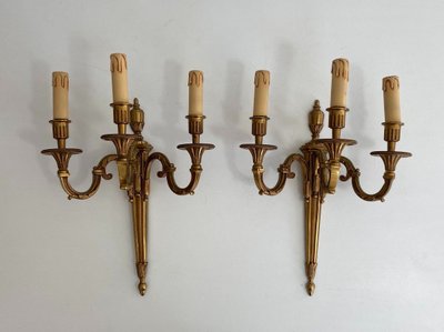 Coppia di applique a 3 bracci in bronzo stile Luigi XVI di Lucien Gau