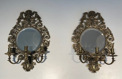 Importante Paire d'Appliques De Style Louis XIV En Bronze Ciselé Et Miroir à 3 Bras De Lumières