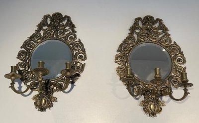 Importante Paire d'Appliques De Style Louis XIV En Bronze Ciselé Et Miroir à 3 Bras De Lumières