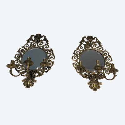 Importante Paire d'Appliques De Style Louis XIV En Bronze Ciselé Et Miroir à 3 Bras De Lumières