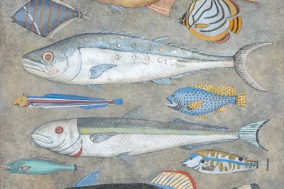 Tela dipinta che rappresenta un piatto di pesce. Opera contemporanea.LS6027911A
