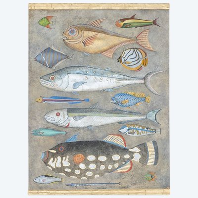 Tela dipinta che rappresenta un piatto di pesce. Opera contemporanea.LS6027911A