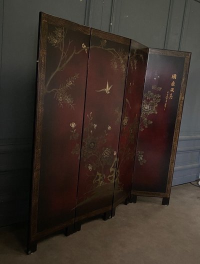 Chinese lacquer screen, 4 panels, naturalistic décor, early 20th century