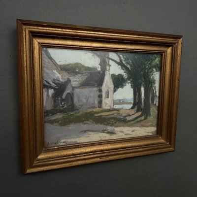 Pastel on cardboard by Désiré Lucas depicting a Morbihan chapel