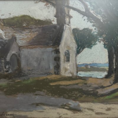 Pastel on cardboard by Désiré Lucas depicting a Morbihan chapel