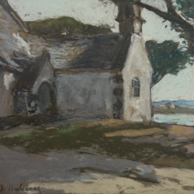 Pastel on cardboard by Désiré Lucas depicting a Morbihan chapel