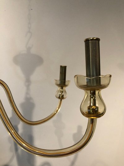 Coppia di lampadari in cristallo di Murano color champagne. Opera italiana. Intorno al 1970