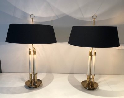 Pair of Neoclassical Style Brass Lamps Made of 3 White Lacquered Tubes. Circa 1940