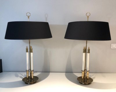 Pair of Neoclassical Style Brass Lamps Made of 3 White Lacquered Tubes. Circa 1940
