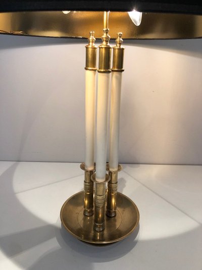 Pair of Neoclassical Style Brass Lamps Made of 3 White Lacquered Tubes. Circa 1940