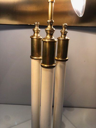 Pair of Neoclassical Style Brass Lamps Made of 3 White Lacquered Tubes. Circa 1940
