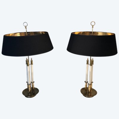 Pair of Neoclassical Style Brass Lamps Made of 3 White Lacquered Tubes. Circa 1940
