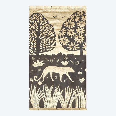 Auf Leinwand bemalt. Panther auf einem goldenen Hintergrund. Zeitgenössische Arbeit. LS60291080A