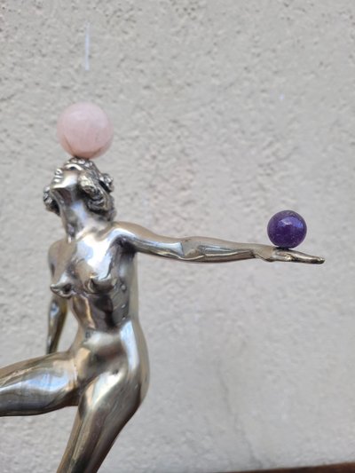 Danseuse Aux Balles En Bronze Argenté, Art Deco, 20th Century