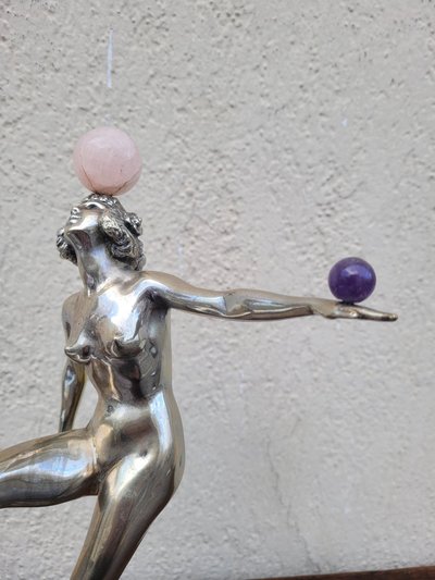 Danseuse Aux Balles En Bronze Argenté, Art Deco, 20th Century