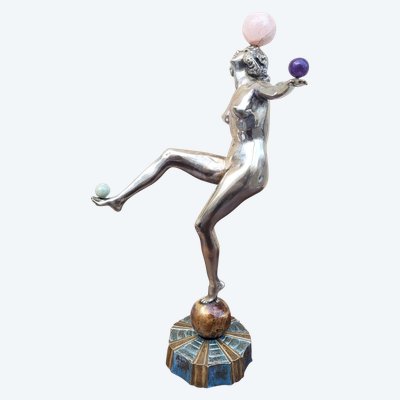 Danseuse Aux Balles En Bronze Argenté, Art Deco, 20th Century
