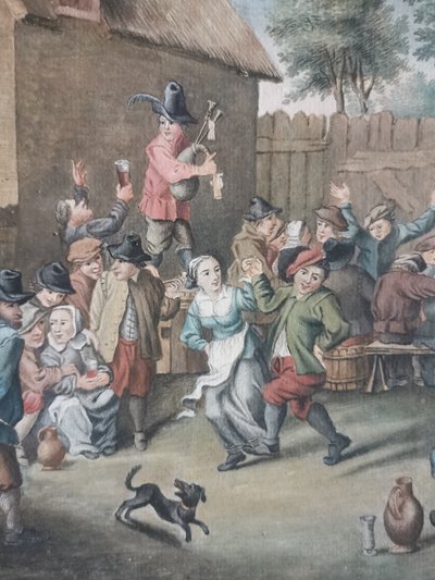 watercolour scene of a village festival in the style of Teniers