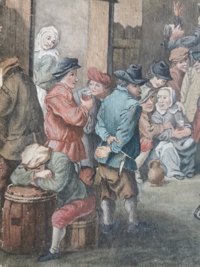 watercolour scene of a village festival in the style of Teniers