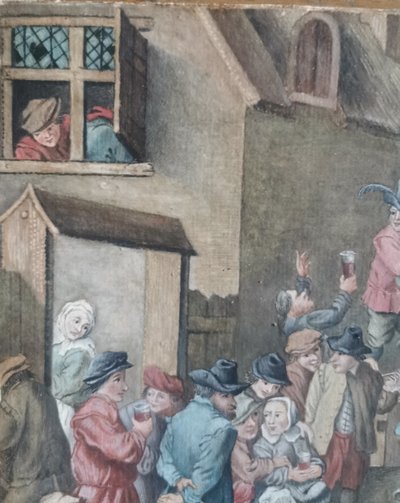 watercolour scene of a village festival in the style of Teniers