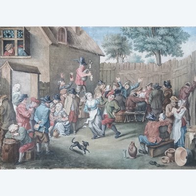 watercolour scene of a village festival in the style of Teniers