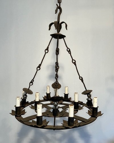 Important 12-Light Wrought Iron Chandelier. French Gothic work. Circa 1940
