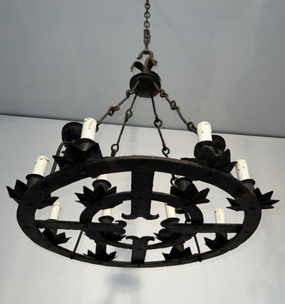 Important 12-Light Wrought Iron Chandelier. French Gothic work. Circa 1940