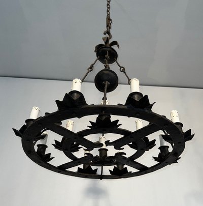Important 12-Light Wrought Iron Chandelier. French Gothic work. Circa 1940