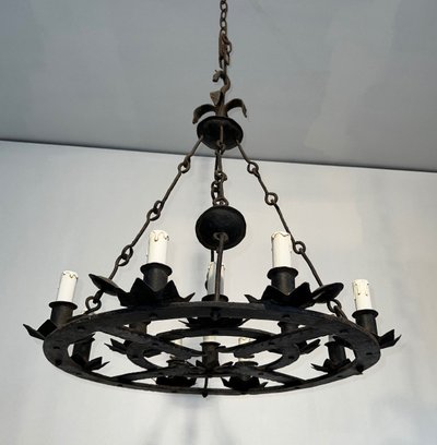 Important 12-Light Wrought Iron Chandelier. French Gothic work. Circa 1940
