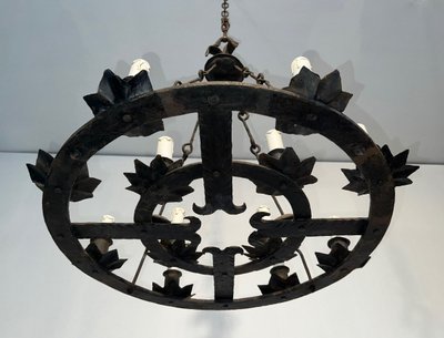 Important 12-Light Wrought Iron Chandelier. French Gothic work. Circa 1940
