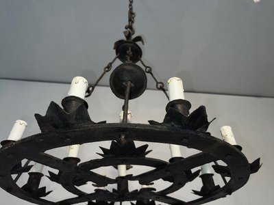 Important 12-Light Wrought Iron Chandelier. French Gothic work. Circa 1940