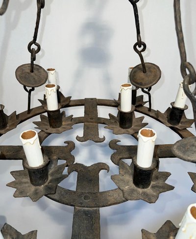 Important 12-Light Wrought Iron Chandelier. French Gothic work. Circa 1940