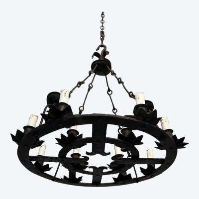 Important 12-Light Wrought Iron Chandelier. French Gothic work. Circa 1940