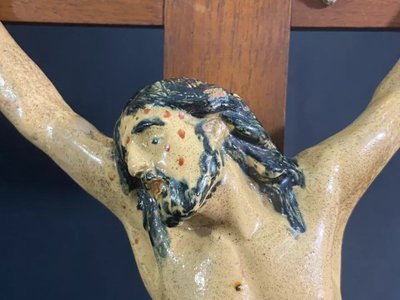 Large Nevers earthenware altar cross 18th century Morlait Lejeune 1781