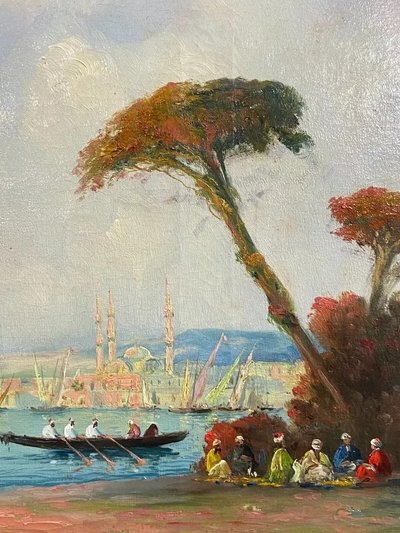 Orientalist painting oil on canvas turquerie view of Istanbul Ottoman Empire