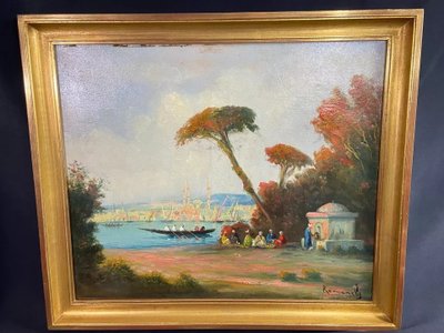 Orientalist painting oil on canvas turquerie view of Istanbul Ottoman Empire