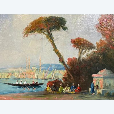 Orientalist painting oil on canvas turquerie view of Istanbul Ottoman Empire