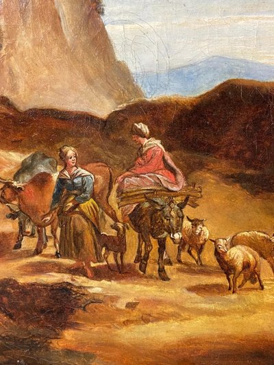 Tableau huile sur toile XVIIIe aux jeunes paysannes