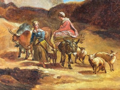 Tableau huile sur toile XVIIIe aux jeunes paysannes