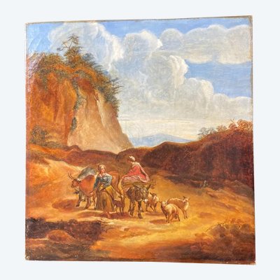 Tableau huile sur toile XVIIIe aux jeunes paysannes