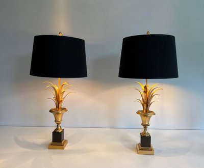 Paire De Lampes Palmier En Chrome Et Laiton. Travail Francais Dans Le Goût De La Maison Charles