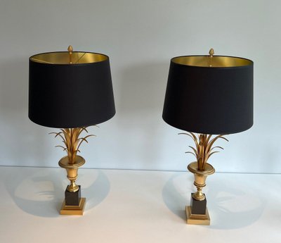 Paire De Lampes Palmier En Chrome Et Laiton. Travail Francais Dans Le Goût De La Maison Charles