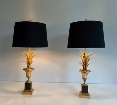 Paire De Lampes Palmier En Chrome Et Laiton. Travail Francais Dans Le Goût De La Maison Charles