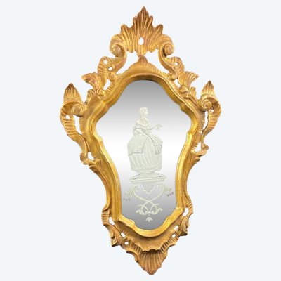 Miroir vénitien églomisé à l'élégante cadre bois doré sculpté XIXe