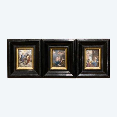Ensemble de trois scènes religieuses, Peinture sur porcelaine, XIXe siècle 