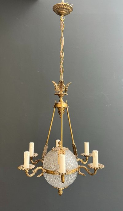 Empire Style Hot Air Balloon Chandelier in Bronze and Crystal with Arrow and Swan Neck Decor.