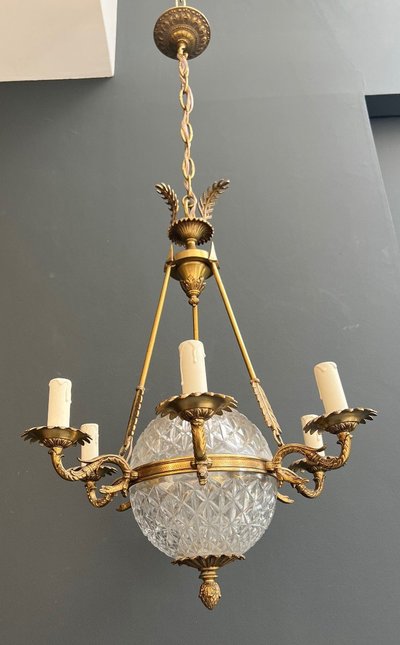 Empire Style Hot Air Balloon Chandelier in Bronze and Crystal with Arrow and Swan Neck Decor.